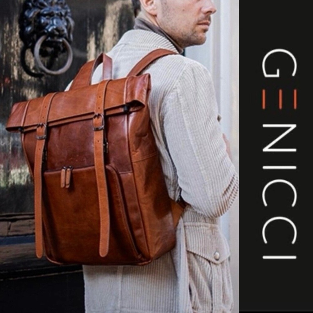Genicci Unisex Genuine Leather Roll Top Double Buckles laptop backpack‎ brown